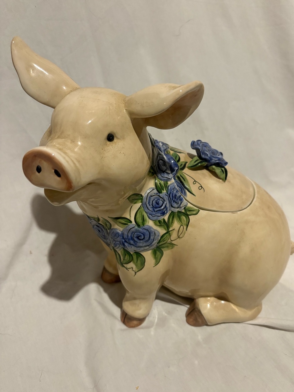 Blue Sky Elisabeth Pohle Pig Cookie Jar Blue Roses 2004